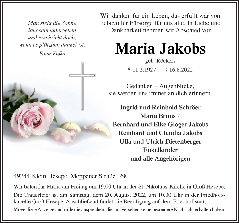  Traueranzeige für Maria Jakobs vom 18.08.2022 aus Neue Osnabrücker Zeitung GmbH & Co. KG