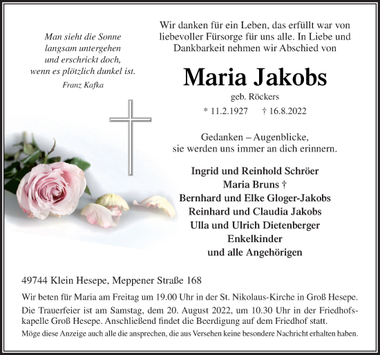 Traueranzeige von Maria Jakobs von Neue Osnabrücker Zeitung GmbH & Co. KG