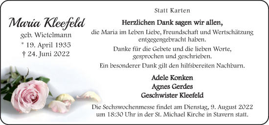 Traueranzeige von Maria Kleefeld von Neue Osnabrücker Zeitung GmbH & Co. KG