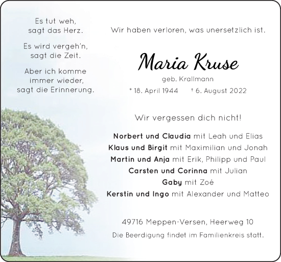 Traueranzeige von Maria Kruse von Neue Osnabrücker Zeitung GmbH &amp; Co. KG