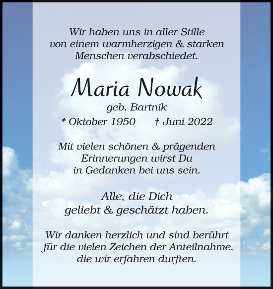 Traueranzeige von Maria Nowak von Neue Osnabrücker Zeitung GmbH & Co. KG