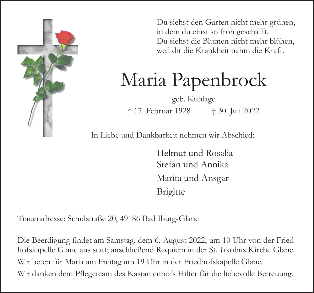  Traueranzeige für Maria Papenbrock vom 03.08.2022 aus Neue Osnabrücker Zeitung GmbH & Co. KG