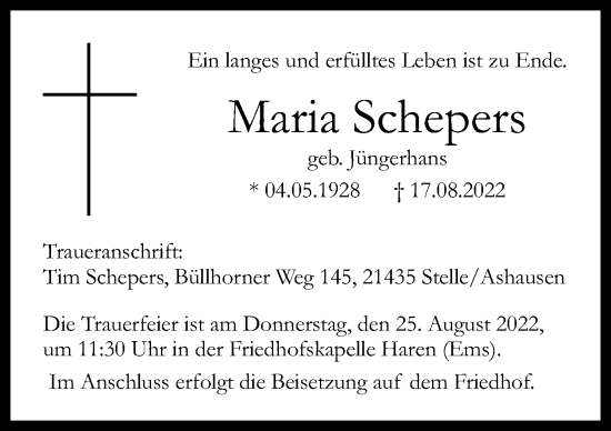 Traueranzeige von Maria Schepers von Neue Osnabrücker Zeitung GmbH & Co. KG