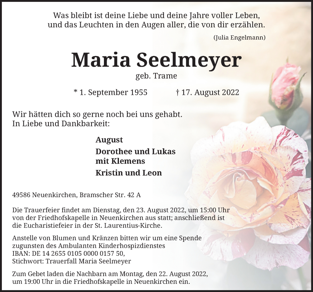  Traueranzeige für Maria Seelmeyer vom 19.08.2022 aus Neue Osnabrücker Zeitung GmbH & Co. KG