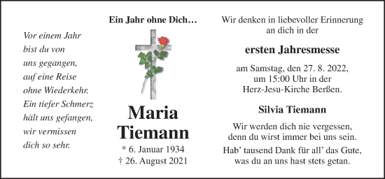 Traueranzeige von Maria Tiemann von Neue Osnabrücker Zeitung GmbH & Co. KG