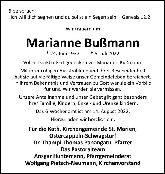 Traueranzeige von Marianne Bußmann von Neue Osnabrücker Zeitung GmbH & Co. KG