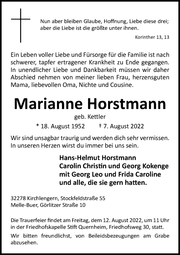  Traueranzeige für Marianne Horstmann vom 09.08.2022 aus Neue Osnabrücker Zeitung GmbH & Co. KG