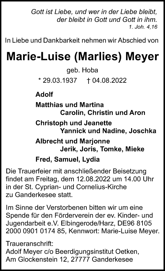 Traueranzeige von Marie-Luise Meyer von DK Medien GmbH & Co. KG