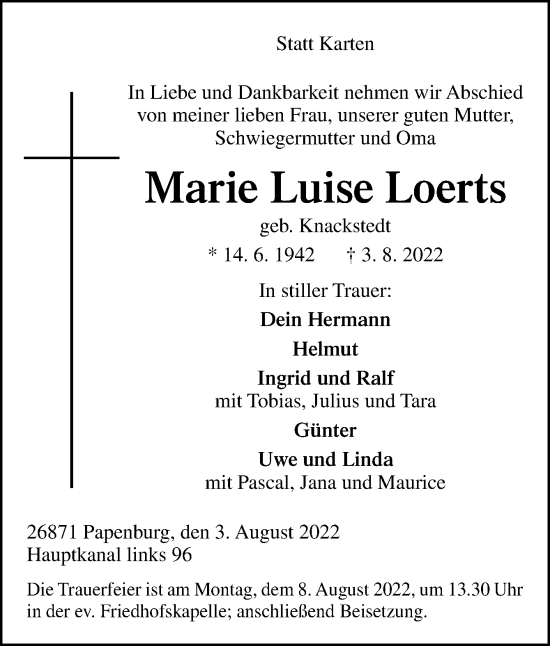 Traueranzeige von Marie Luise Loerts von Neue Osnabrücker Zeitung GmbH & Co. KG