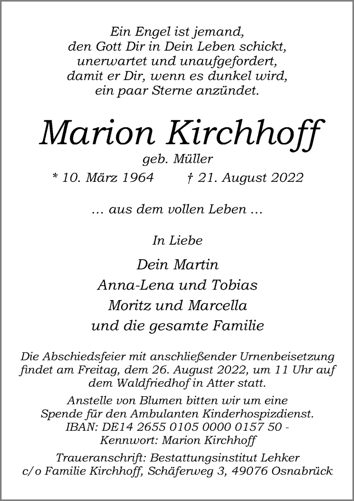  Traueranzeige für Marion Kirchhoff vom 24.08.2022 aus Neue Osnabrücker Zeitung GmbH & Co. KG