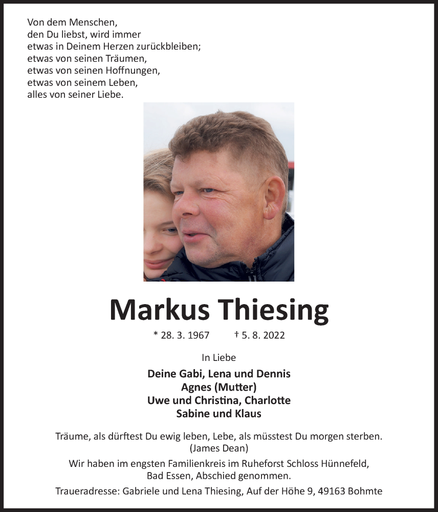  Traueranzeige für Markus Thiesing vom 20.08.2022 aus Neue Osnabrücker Zeitung GmbH & Co. KG