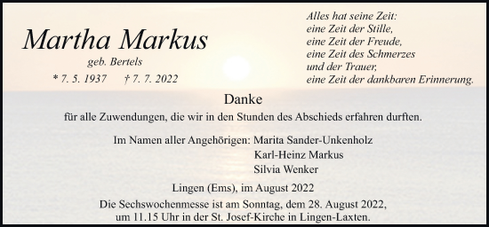 Traueranzeige von Martha Markus von Neue Osnabrücker Zeitung GmbH & Co. KG