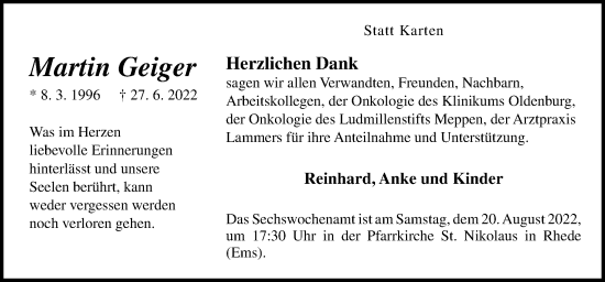 Traueranzeige von Martin Geiger von Neue Osnabrücker Zeitung GmbH & Co. KG