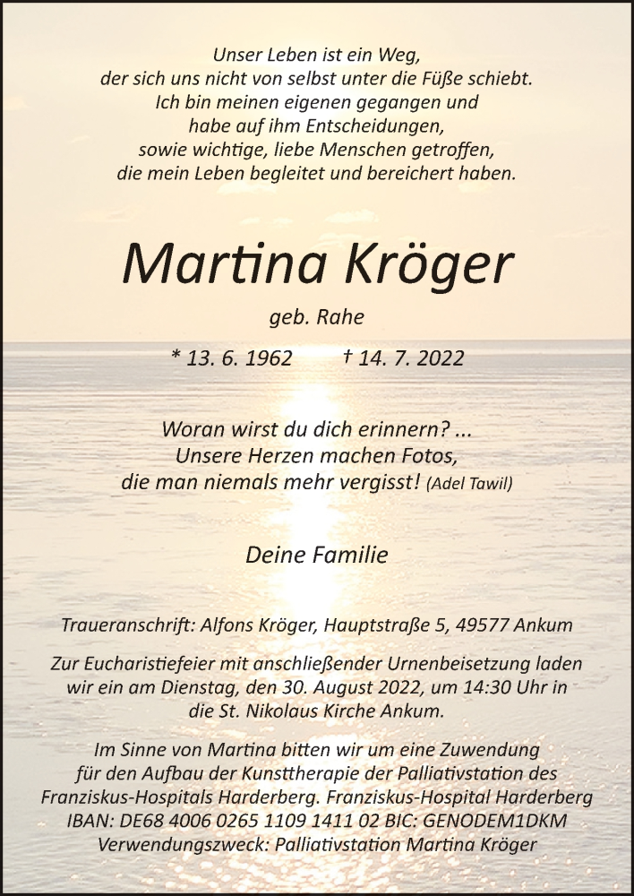  Traueranzeige für Martina Kröger vom 24.08.2022 aus Neue Osnabrücker Zeitung GmbH & Co. KG