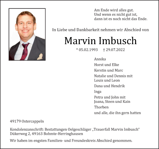 Traueranzeige von Marvin Imbusch von Neue Osnabrücker Zeitung GmbH & Co. KG