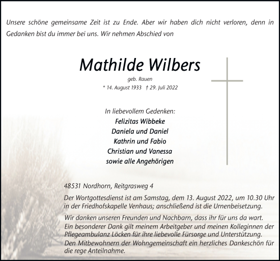 Traueranzeige von Mathilde Wilbers von Neue Osnabrücker Zeitung GmbH & Co. KG