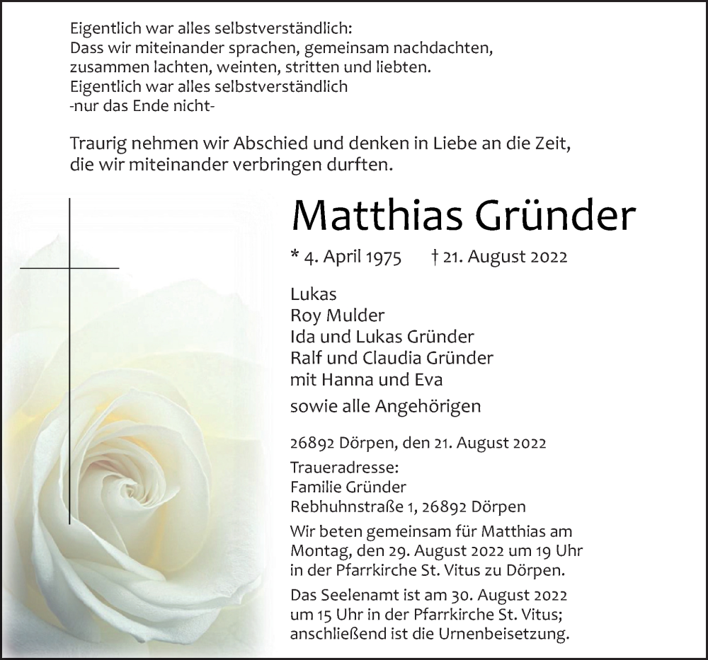  Traueranzeige für Matthias Gründer vom 24.08.2022 aus Neue Osnabrücker Zeitung GmbH & Co. KG