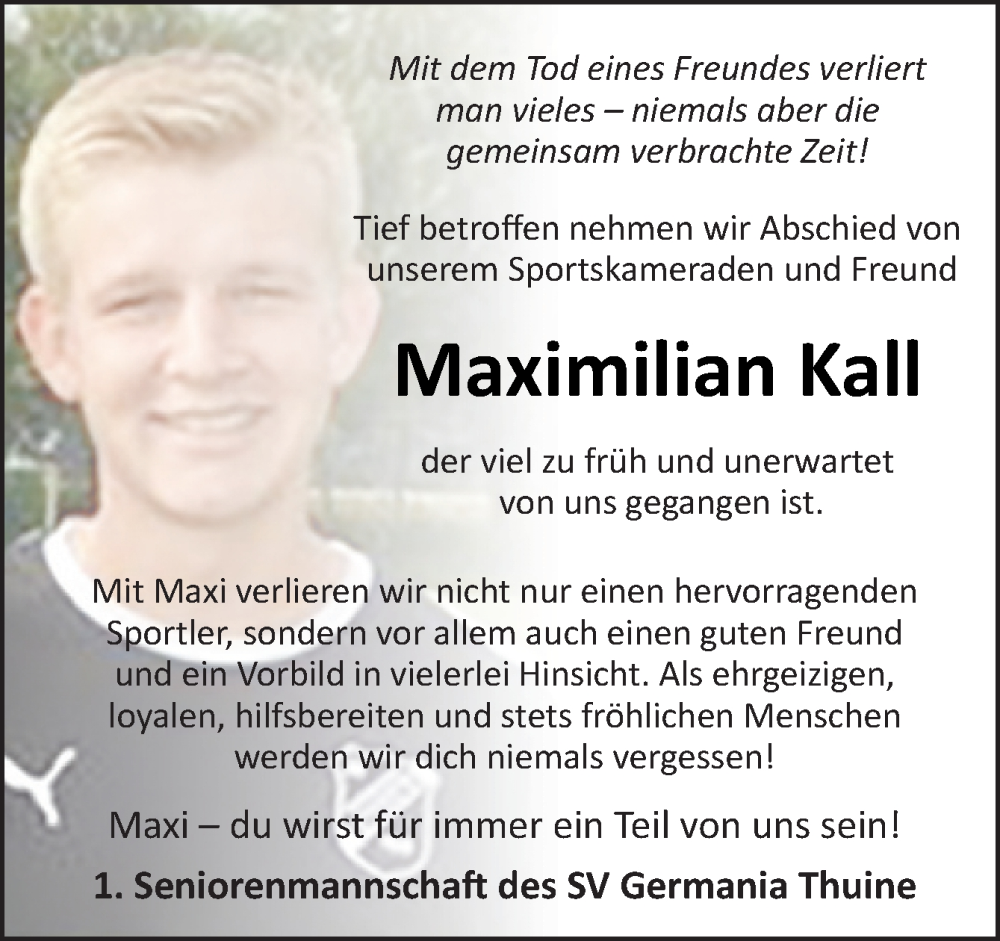  Traueranzeige für Maximilian Kall vom 20.08.2022 aus Neue Osnabrücker Zeitung GmbH & Co. KG
