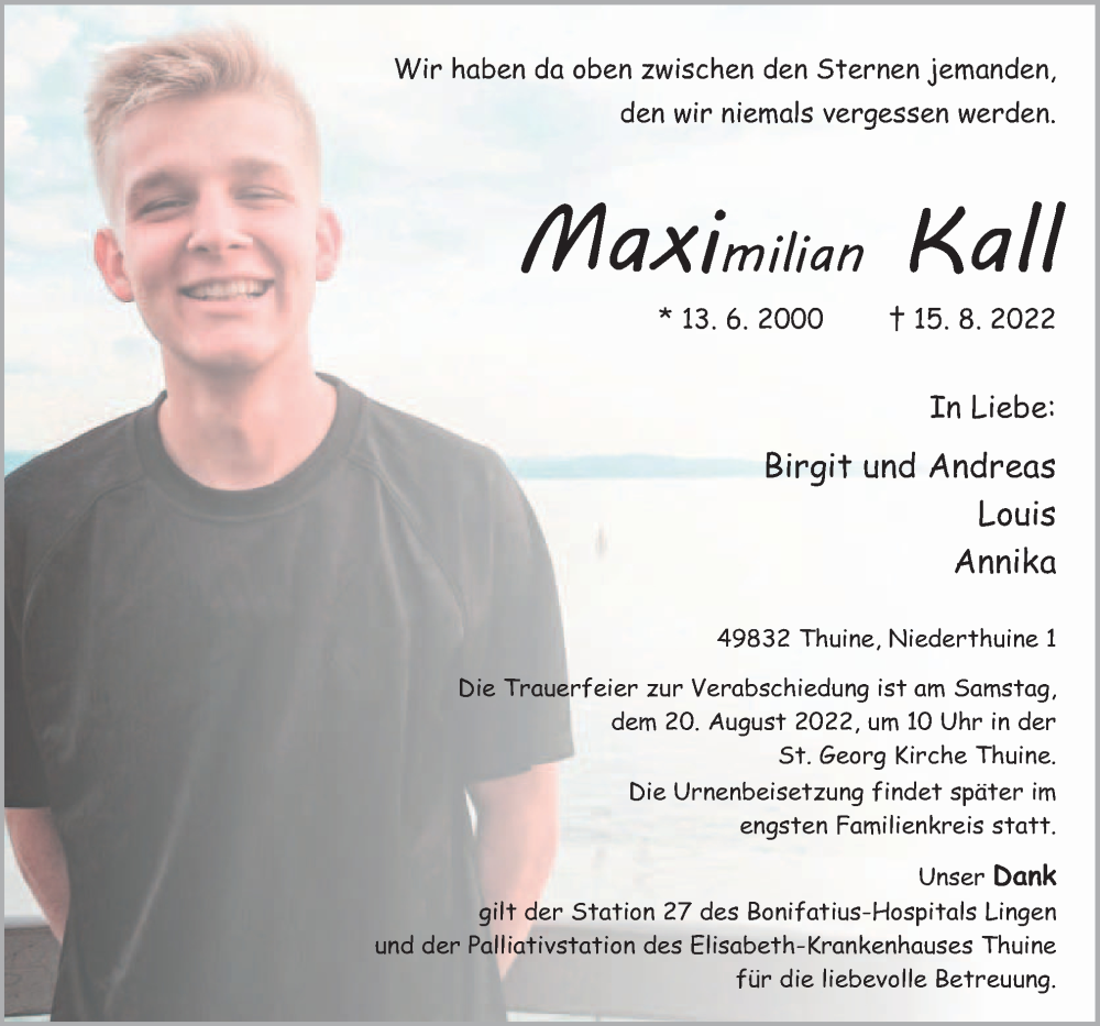  Traueranzeige für Maximilian Kall vom 18.08.2022 aus Neue Osnabrücker Zeitung GmbH & Co. KG
