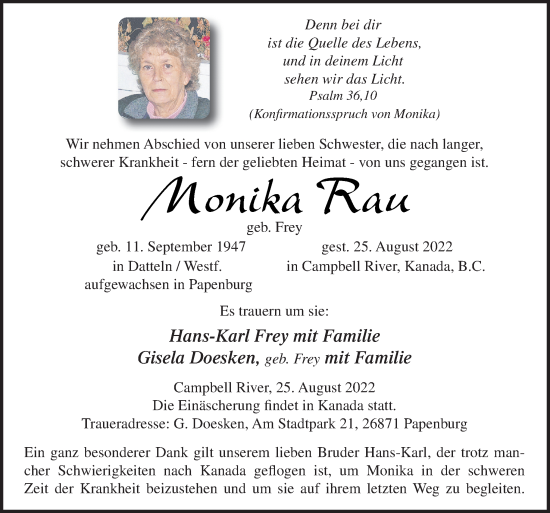 Traueranzeige von Monika Rau von Neue Osnabrücker Zeitung GmbH & Co. KG
