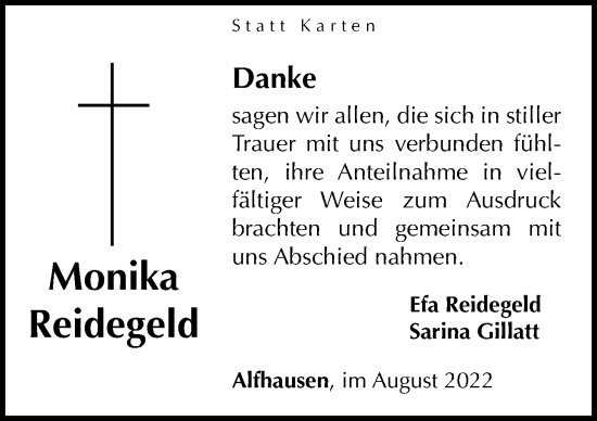 Traueranzeige von Monika Reidegeld von Neue Osnabrücker Zeitung GmbH & Co. KG