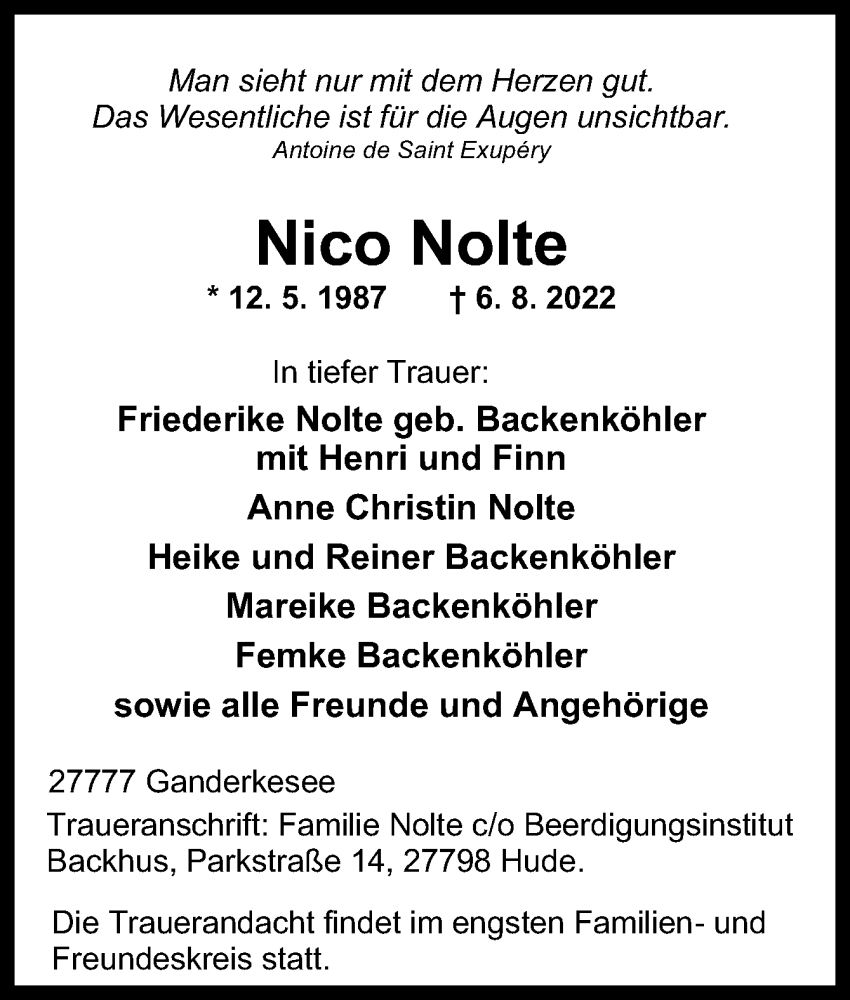  Traueranzeige für Nico Nolte vom 12.08.2022 aus DK Medien GmbH & Co. KG