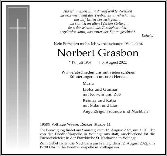 Traueranzeige von Norbert Grasbon von Neue Osnabrücker Zeitung GmbH & Co. KG
