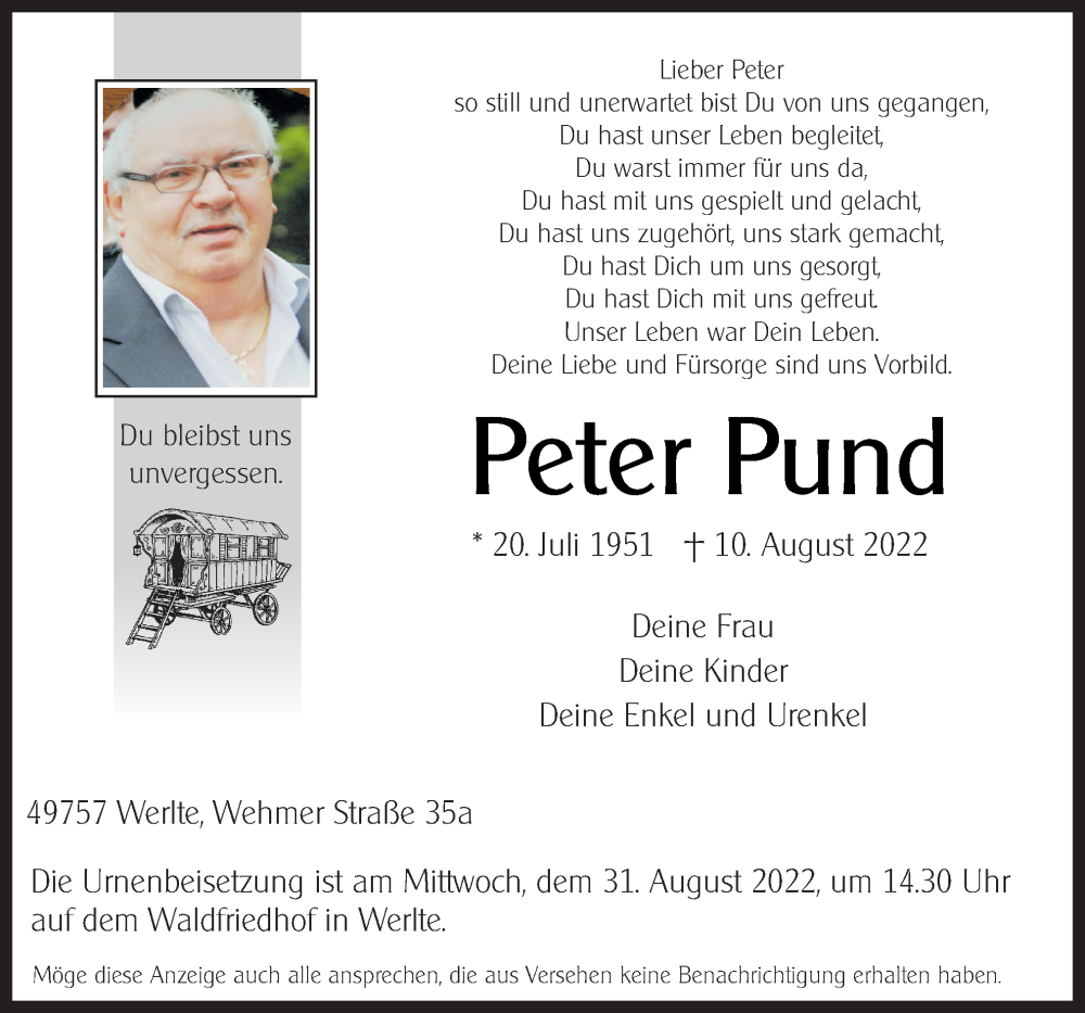  Traueranzeige für Peter Pund vom 27.08.2022 aus Neue Osnabrücker Zeitung GmbH & Co. KG