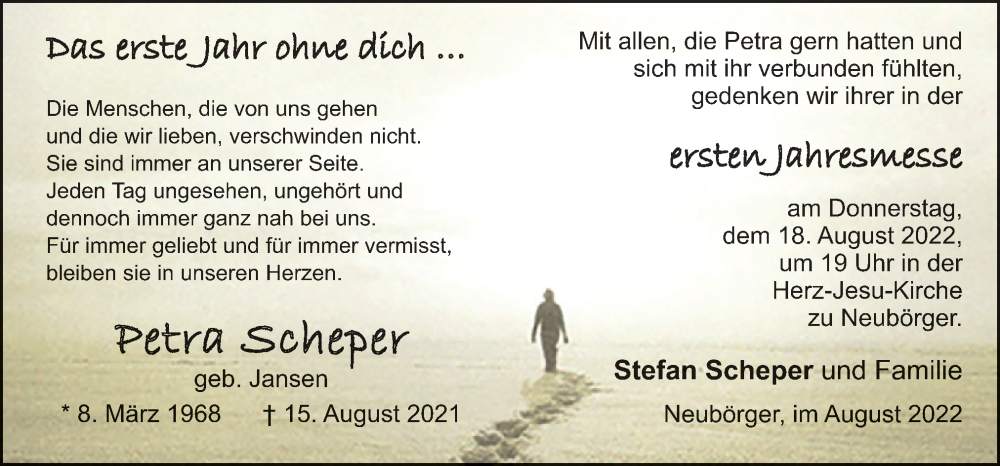  Traueranzeige für Petra Scheper vom 15.08.2022 aus Neue Osnabrücker Zeitung GmbH & Co. KG