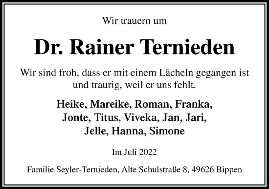 Traueranzeige von Rainer Ternieden von Neue Osnabrücker Zeitung GmbH & Co. KG