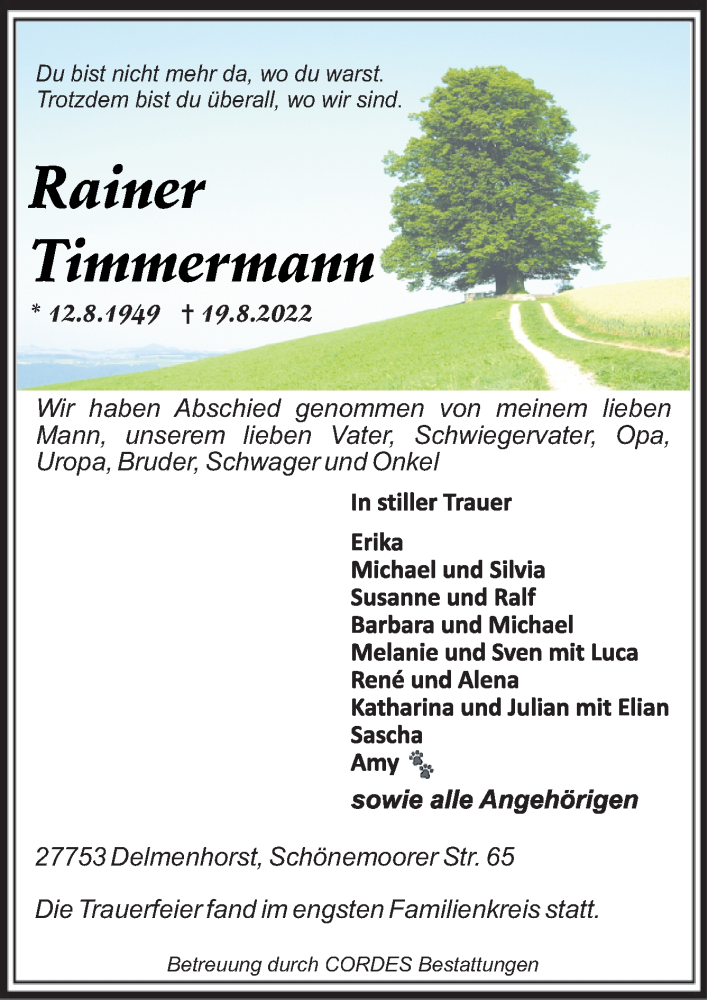  Traueranzeige für Rainer Timmermann vom 27.08.2022 aus DK Medien GmbH & Co. KG