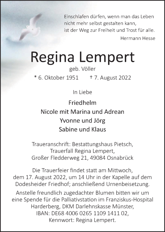 Traueranzeige von Regina Lempert von Neue Osnabrücker Zeitung GmbH & Co. KG