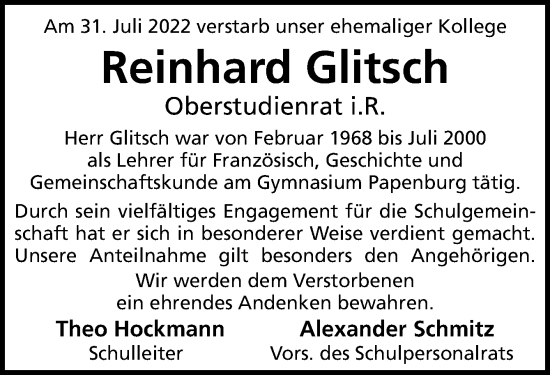 Traueranzeige von Reinhard Glitsch von Neue Osnabrücker Zeitung GmbH & Co. KG