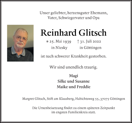 Traueranzeige von Reinhard Glitsch von Neue Osnabrücker Zeitung GmbH & Co. KG