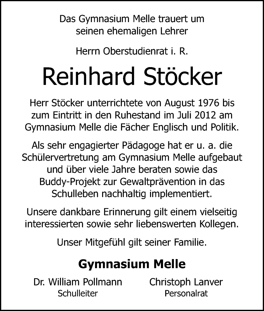  Traueranzeige für Reinhard Stöcker vom 29.08.2022 aus Neue Osnabrücker Zeitung GmbH & Co. KG
