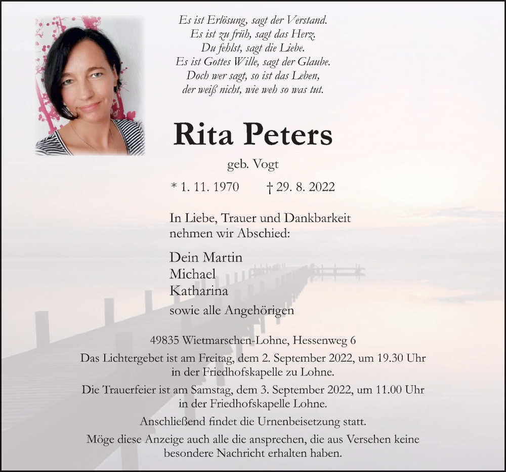  Traueranzeige für Rita Peters vom 31.08.2022 aus Neue Osnabrücker Zeitung GmbH & Co. KG