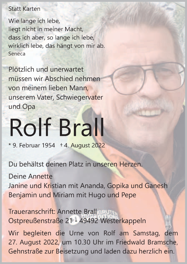  Traueranzeige für Rolf Brall vom 13.08.2022 aus Neue Osnabrücker Zeitung GmbH & Co. KG