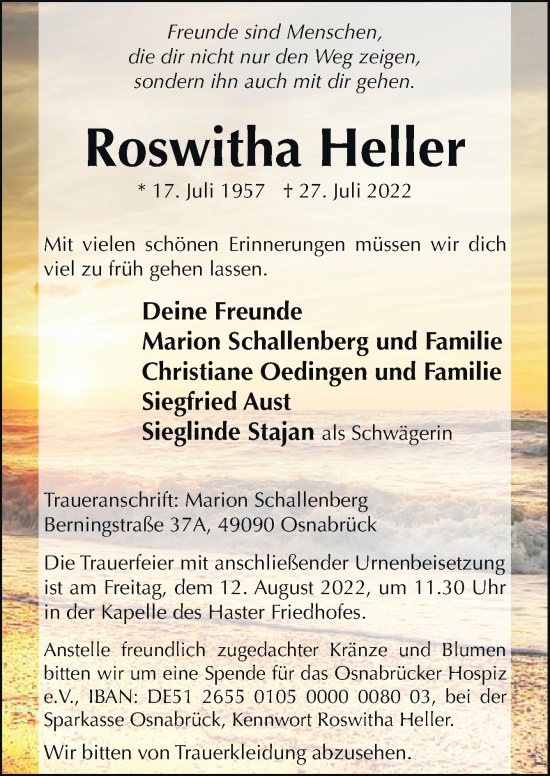 Traueranzeige von Roswitha Heller von Neue Osnabrücker Zeitung GmbH & Co. KG