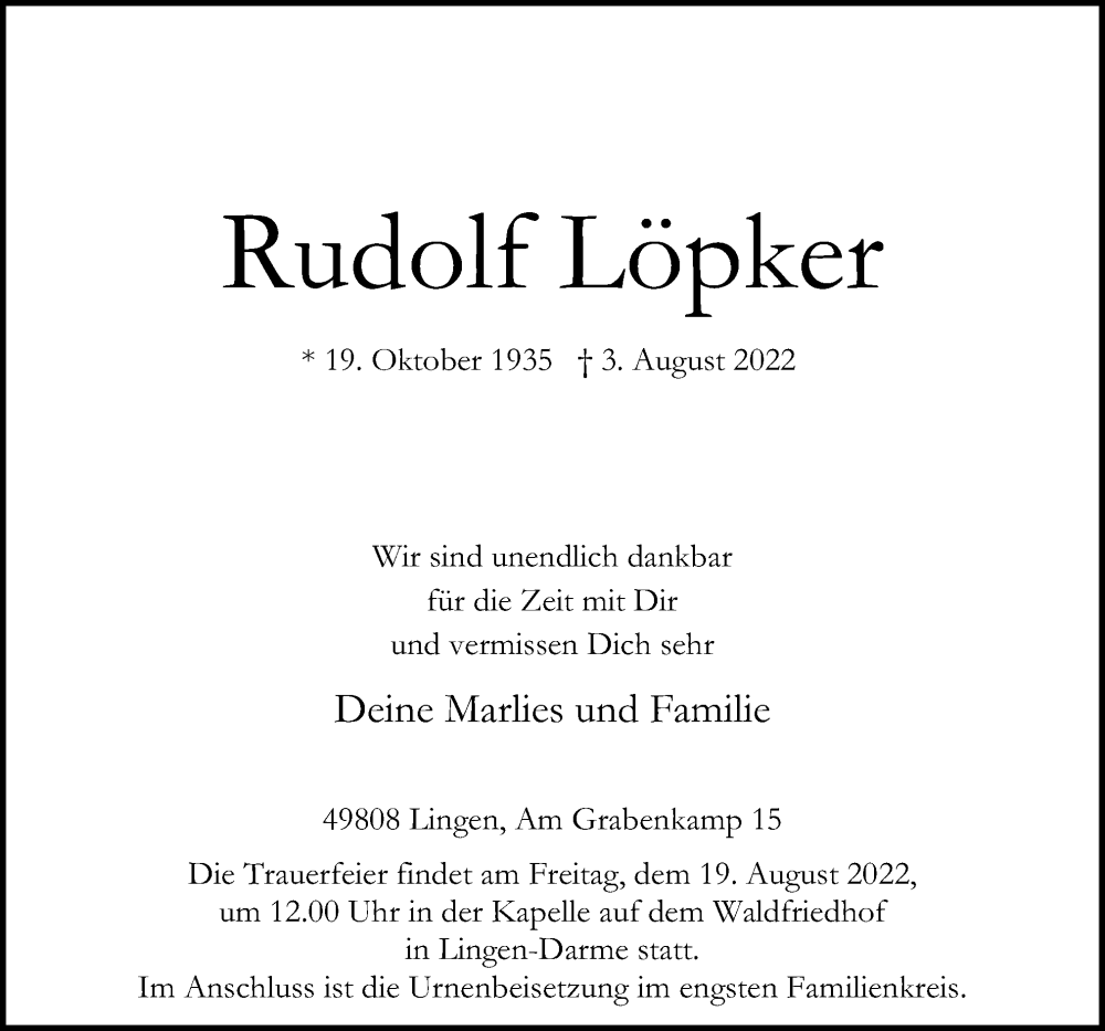 Traueranzeige für Rudolf Löpker vom 15.08.2022 aus Neue Osnabrücker Zeitung GmbH & Co. KG