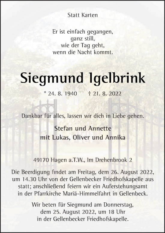 Traueranzeige von Siegmund lgelbrink von Neue Osnabrücker Zeitung GmbH & Co. KG