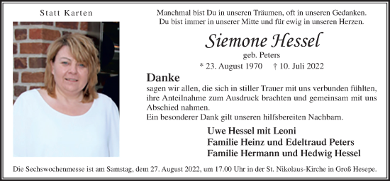 Traueranzeige von Siemone Hessel von Neue Osnabrücker Zeitung GmbH & Co. KG