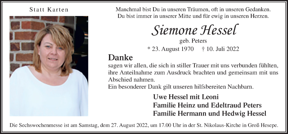  Traueranzeige für Siemone Hessel vom 24.08.2022 aus Neue Osnabrücker Zeitung GmbH & Co. KG