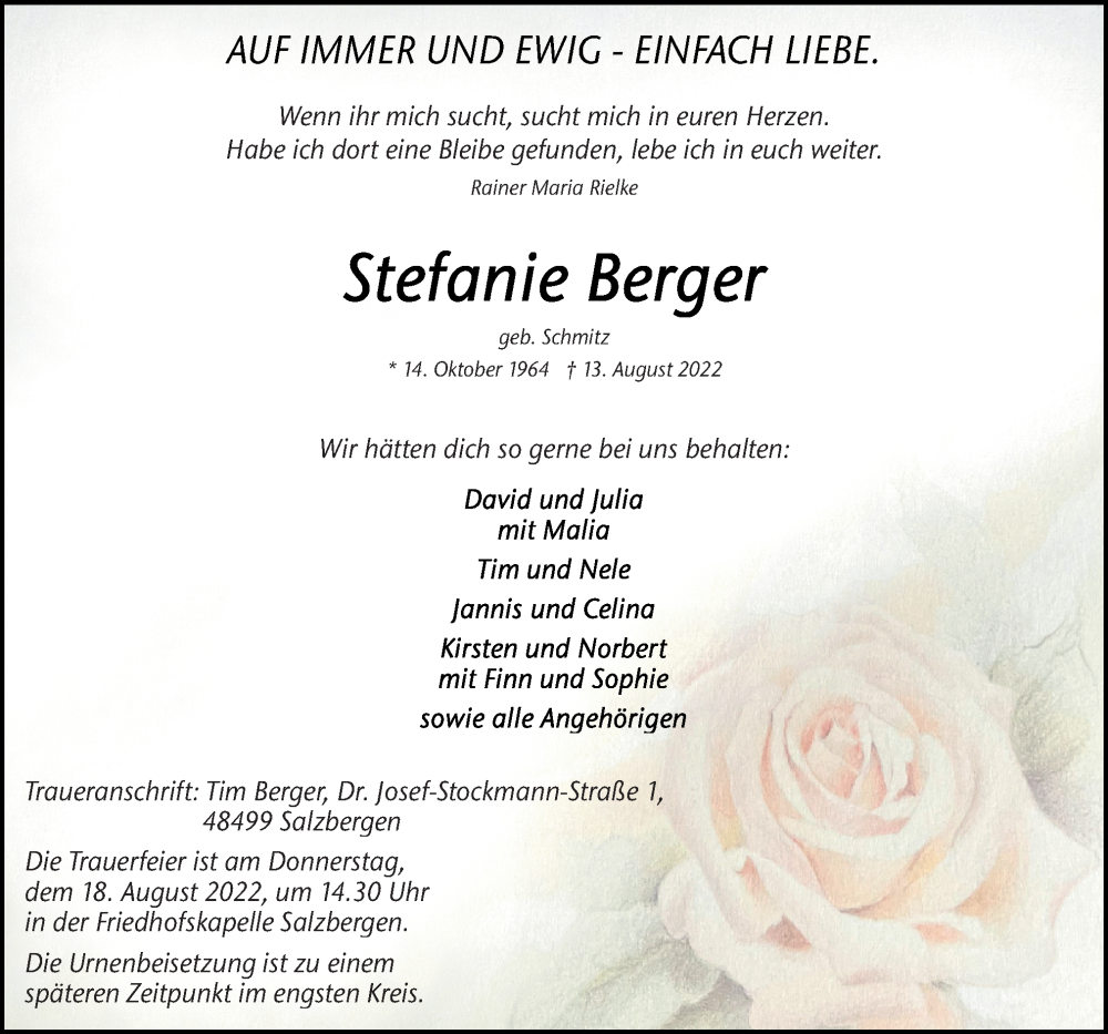 Traueranzeige für Stefanie Berger vom 16.08.2022 aus Neue Osnabrücker Zeitung GmbH & Co. KG