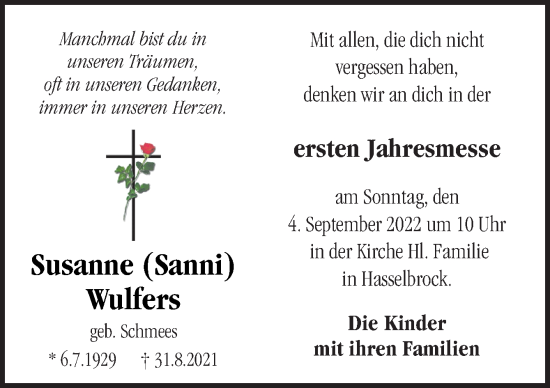 Traueranzeige von Susanne Wulfers von Neue Osnabrücker Zeitung GmbH & Co. KG