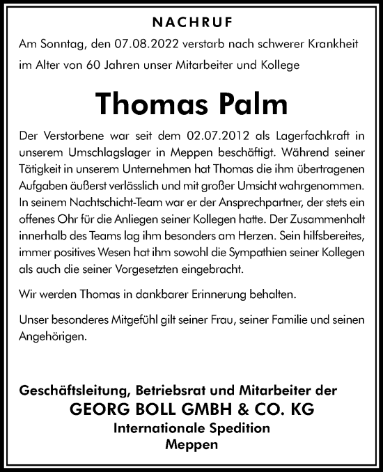 Traueranzeige von Thomas Palm von Neue Osnabrücker Zeitung GmbH & Co. KG