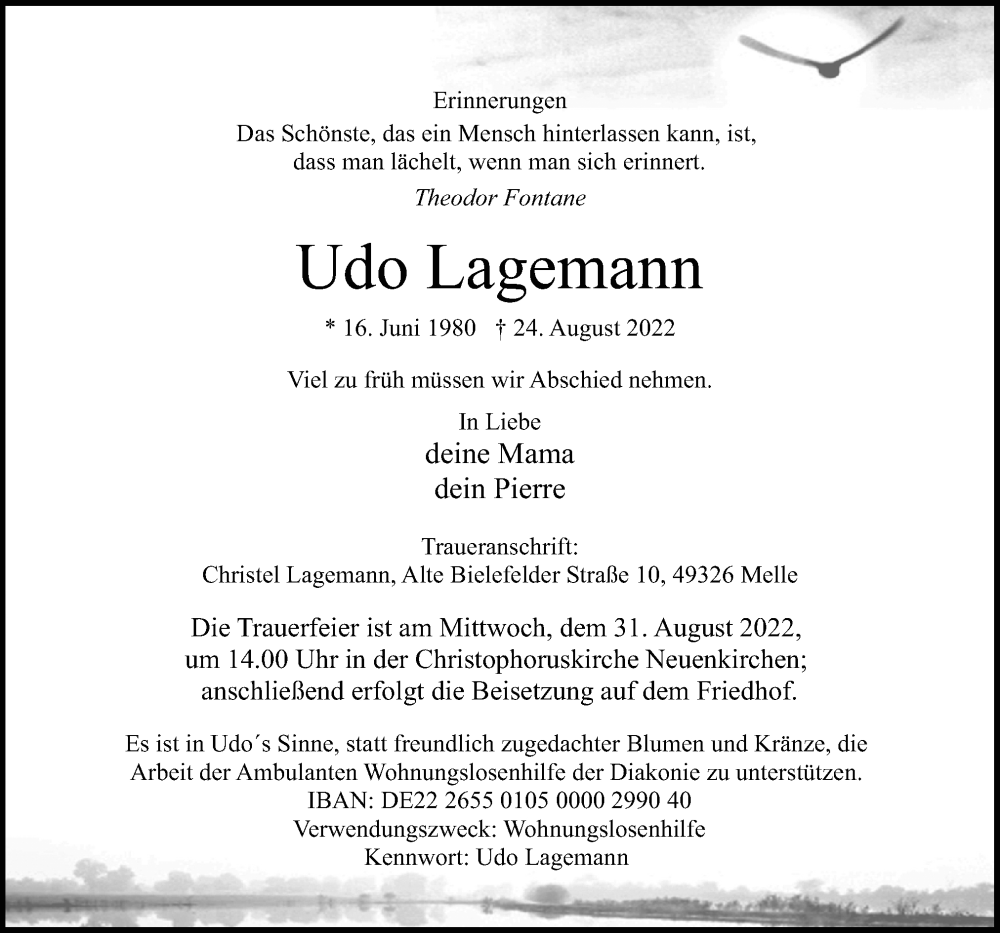  Traueranzeige für Udo Lagemann vom 29.08.2022 aus Neue Osnabrücker Zeitung GmbH & Co. KG