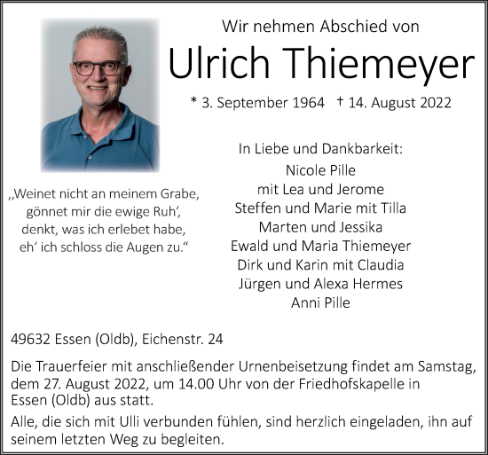 Traueranzeige von Ulrich Thiemeyer von Neue Osnabrücker Zeitung GmbH & Co. KG
