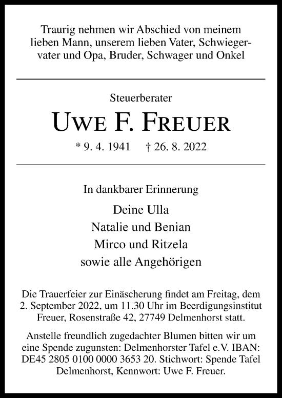Traueranzeige von Uwe F. Freuer von DK Medien GmbH & Co. KG