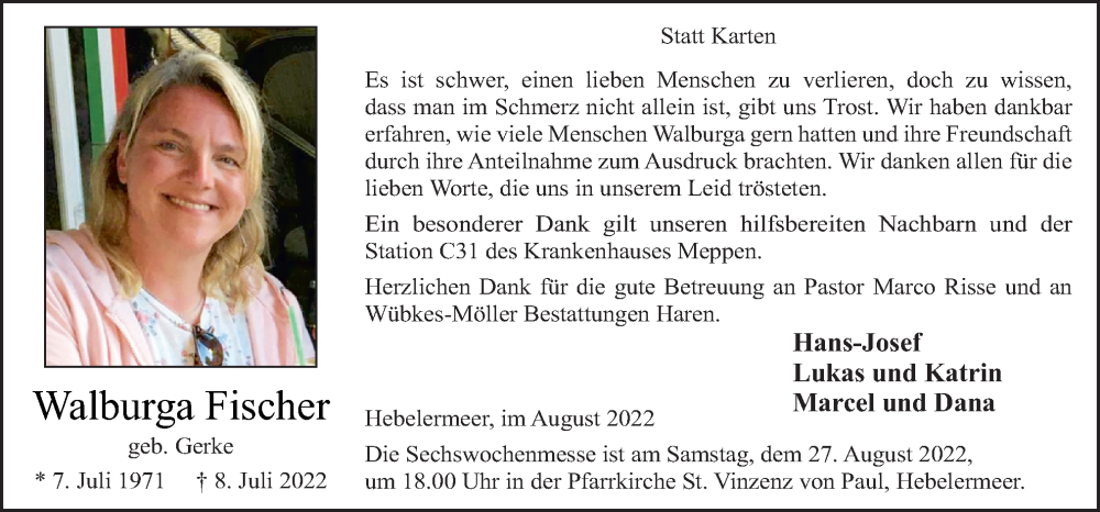  Traueranzeige für Walburga Fischer vom 23.08.2022 aus Neue Osnabrücker Zeitung GmbH & Co. KG