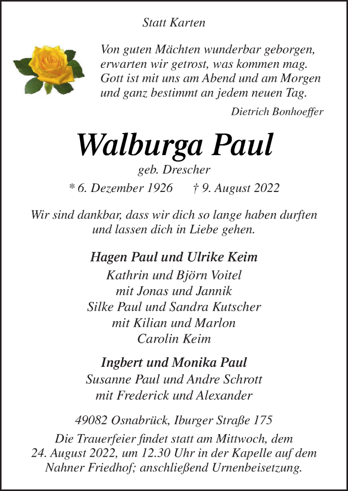  Traueranzeige für Walburga Paul vom 13.08.2022 aus Neue Osnabrücker Zeitung GmbH & Co. KG